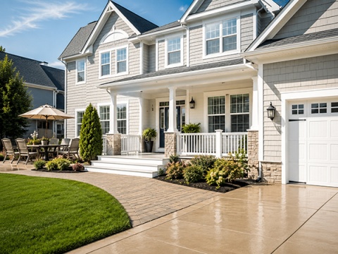 Clean Exterior of a large tan colonial style home from Pressure Washing Toms River