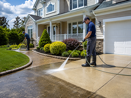 Pressure washing Toms River professionals from Shore Powerwashing Pro working on concrete driveway and brick walkway.
